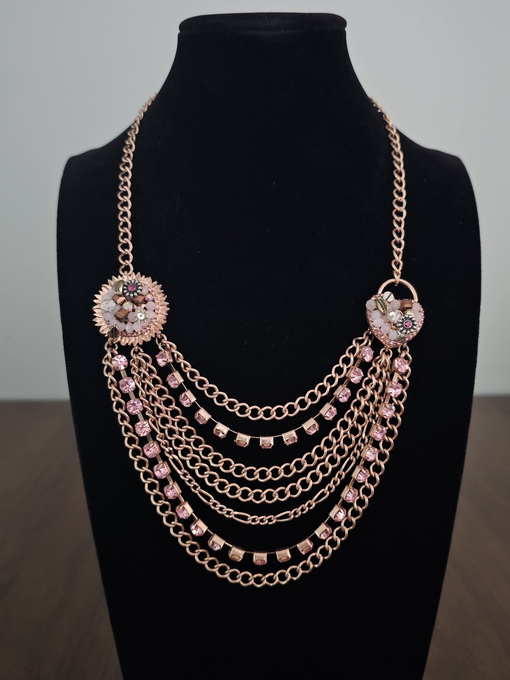 Betsey Johnson Multi-Chain Pink Crystal Statement Necklace